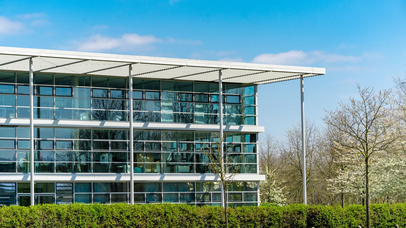 A low-rise glass corporate office building behind a clipped hedge on a clear spring day