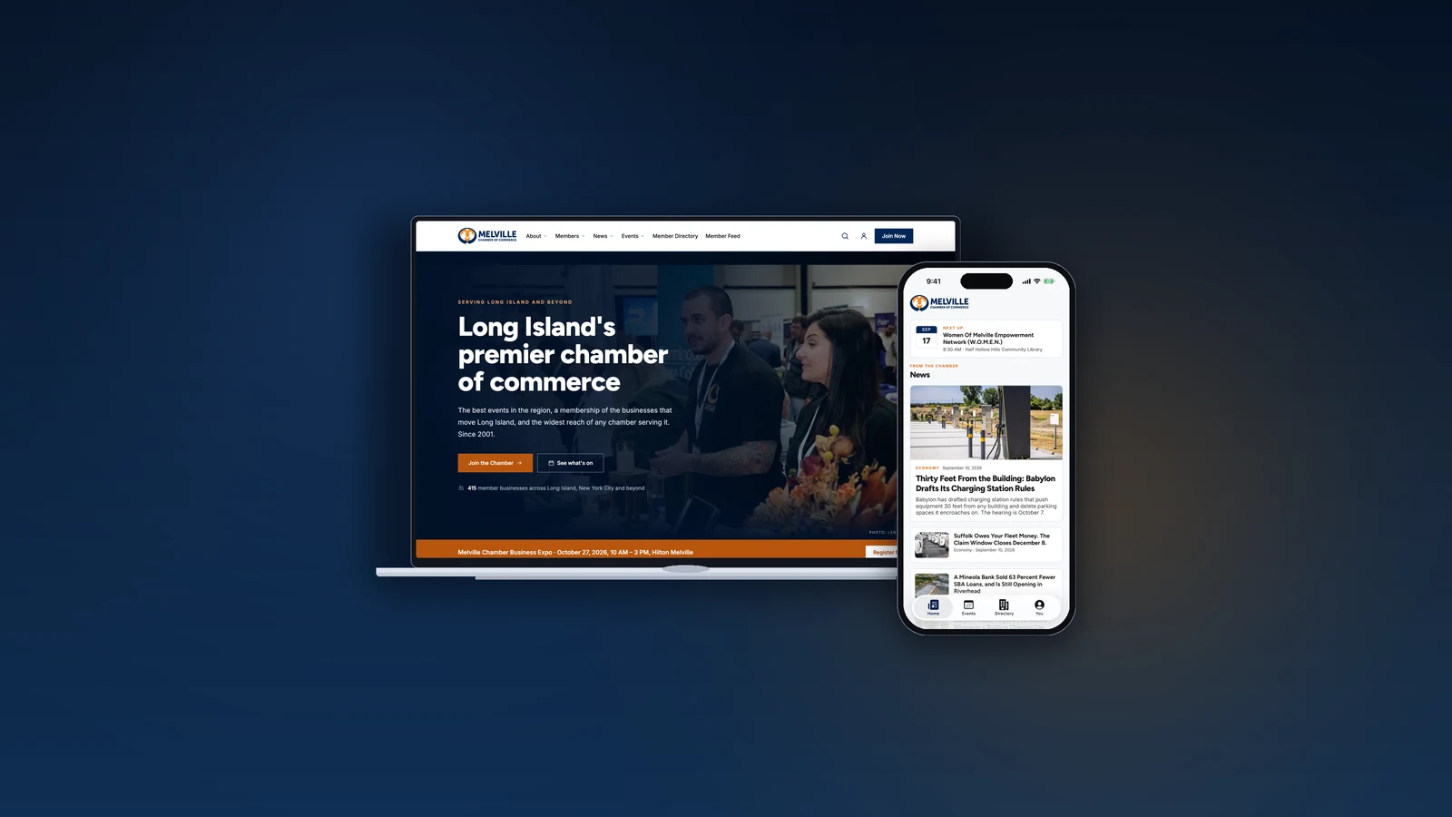 The Chamber's new website on a laptop beside the member app on a phone