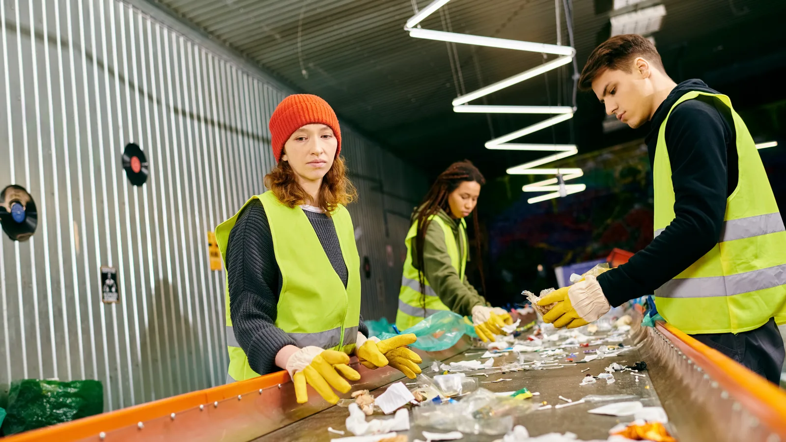Workers sorting material on a conveyor at a recycling facility