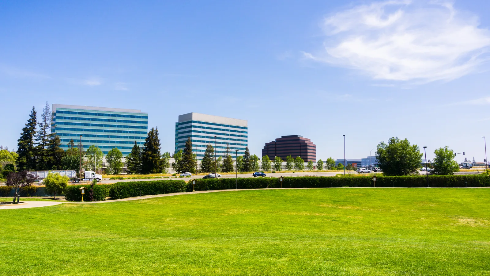 Office buildings along a suburban commercial corridor