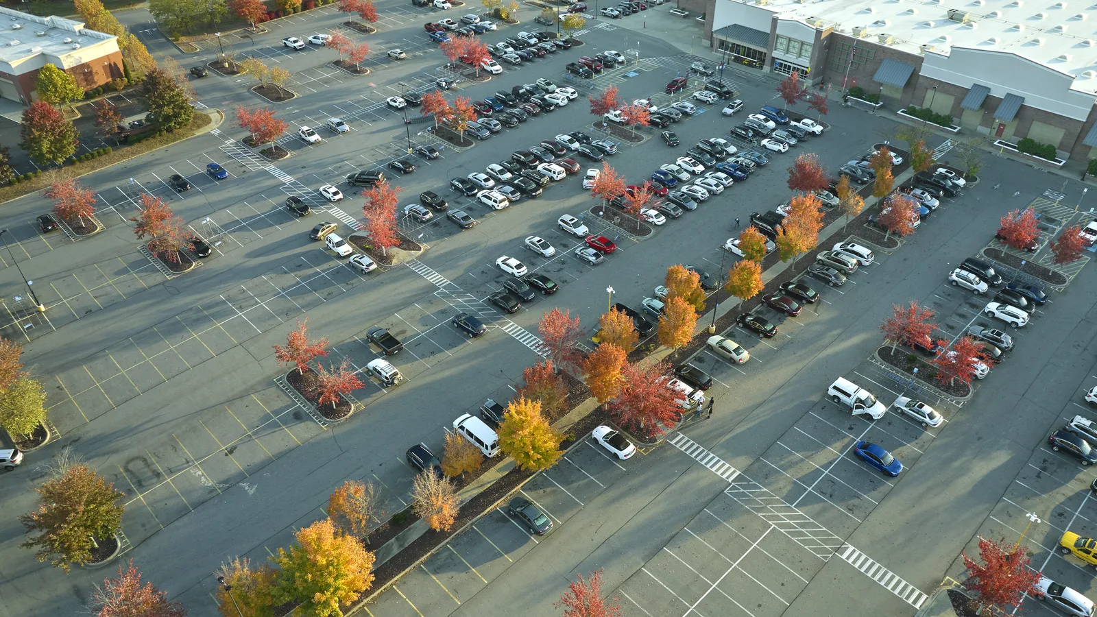 Aerial view of a suburban shopping center parking lot lined with trees in autumn color